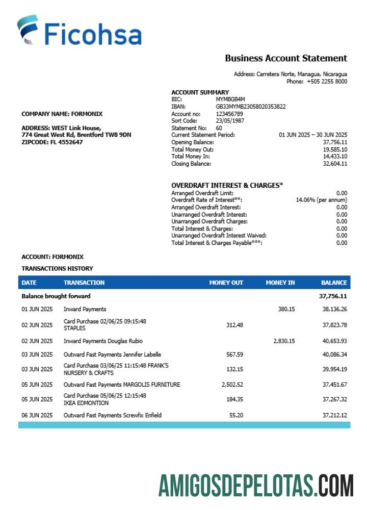 Banco Ficohsa Business Bank Statement formato Word e PDF (1) modelo